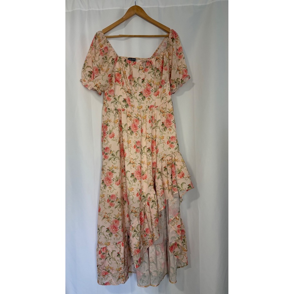Scarlet Darkness Floral Cottage Boho High Low Maxi Dress XL Puff Sleeve Peach